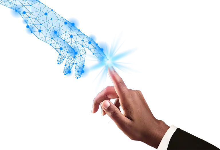 Transparent background, and a suited hand with blue network graphics coming out of the tip of the forefinger