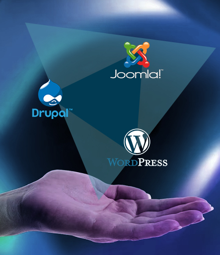 Graphic image depicting JOOMLA, DRUPAL and WORDPRESS in triangular formation