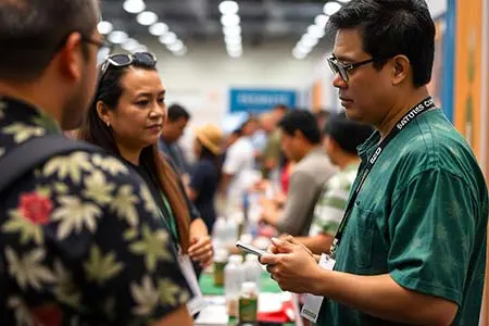 People in discussion during the Woman from Hawaii standing in a cannabis farm, during the Hawaii Cannabis Expo 2025