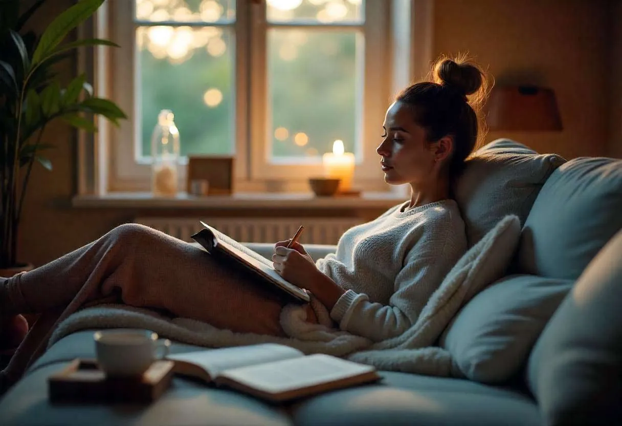 Lady relaxing near a window with a book